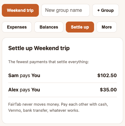 FairTab showing the minimum set of payments to settle a group